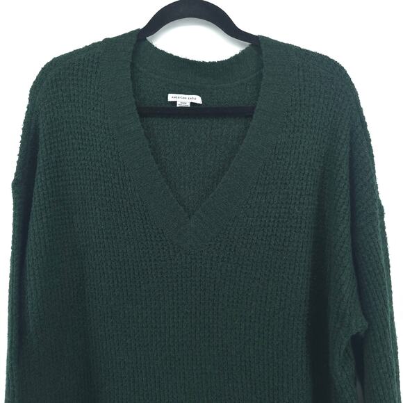American Eagle VNeck Oversized Chunky Waffle Knit Tunic Hunter Green Split Hem M - Picture 2 of 12